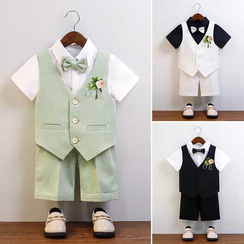Boys Birthday Wedding Party Dress Childrens Summer Green Immersion Photography Set Childrens Vest Short Sleeve Bow Tie Ceremony Dress W240823