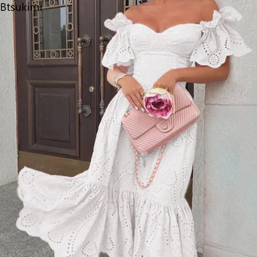Women Sexy Hollow Out Solid Ruffles Dress Summer Loose Lace Patchwork Casual Dress Elegant Strapless Party Dresses Vestidos 240822