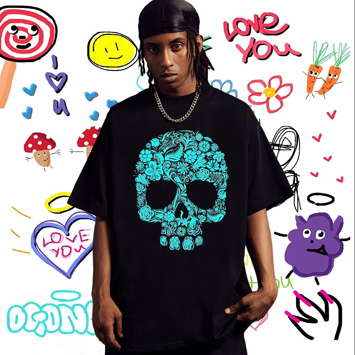 Cool Design T Shirt For Man 230g Pure Cotton skull Street wear Hip Hop Custom Anime Breathable Crew Neck Men Tshirts Classic Casual Clothings