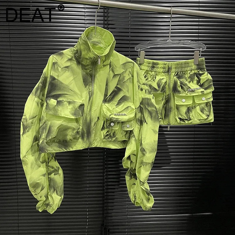 DEAT Fashion Womens Two-pieces Set Contrast Color Large Pocket Jacket High Elastic Waist Zipper Short Skirt Autumn 11A0831 240823