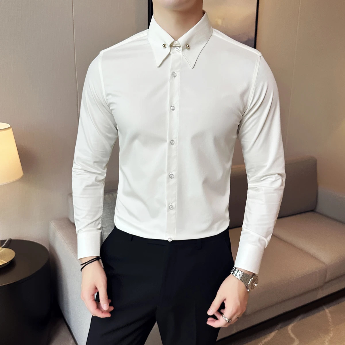 Mens Large Pointed Neck Lapel Shirt Solid Slim Fit Long Sleeved Business Shirt Formal Office Social Party Dress Tops 240822