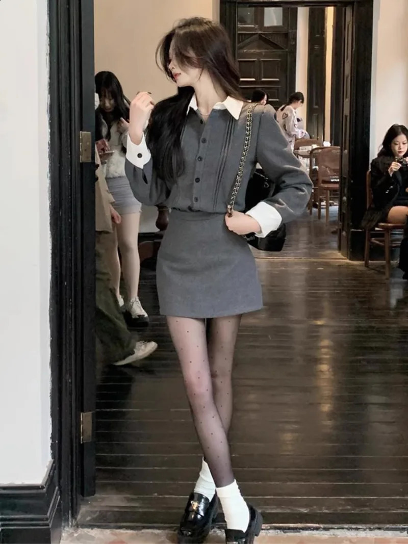 Temperament Contrast Color Lapel Shirt A-line Skirt Two-piece Set Women Fashion Korean Single Breasted Celebrity Slim Spring Set 240823