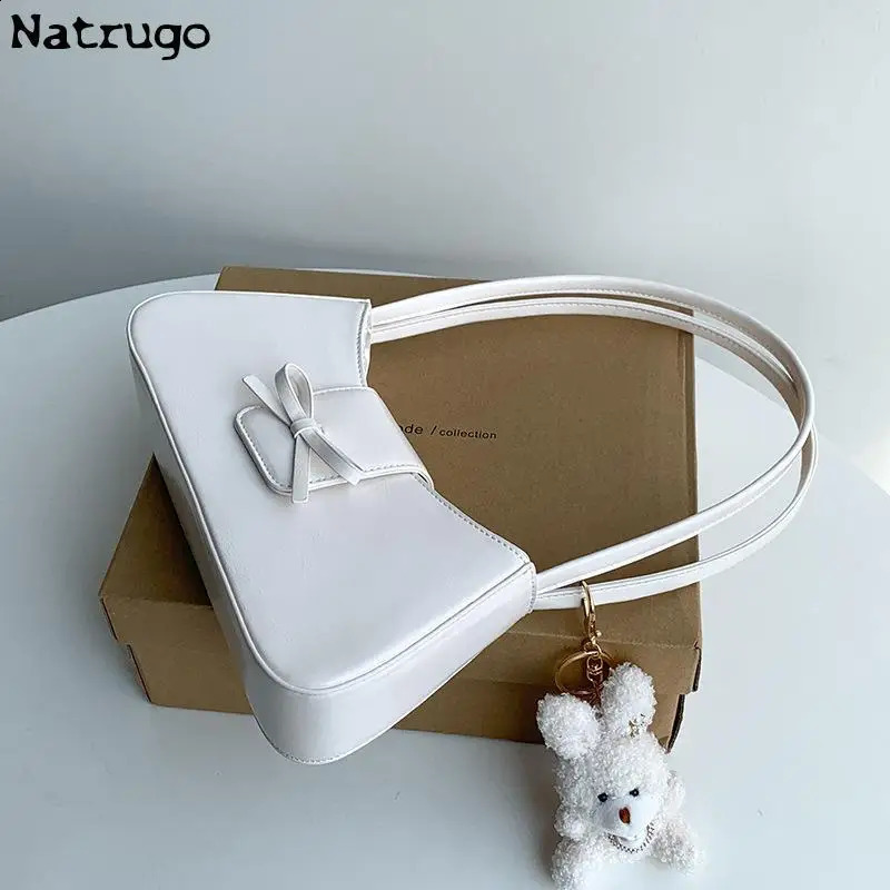 Sweet Cute Korean Bow Shoulder Underarm Tote Bag Silver Black Red White Ladies Sling Bags Leather Zip Purses Handbags Women 240822