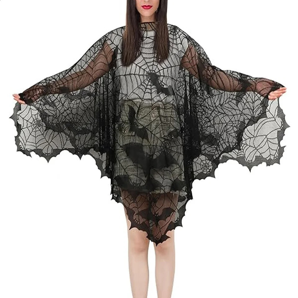 Halloween Skull Horn Womens Horror Lace Shawl Dark Series Gothic Cloak Theme Party Stage Performance w240824