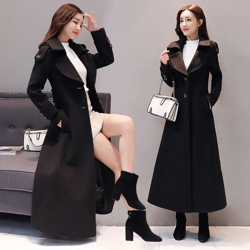Womens Long Woolen Coat Spring Autumn Korean Waist Slimming Over-Knee Thick Keep Warm Woolen Coat Lady Overcoat W2 240822