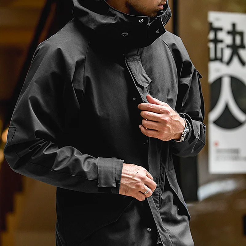 Maden Outdoor Sports Hooded Jacket for Men Motorcycle Black Windbreaker Korean Fashion Trench Coat Casual Long Jackets Outwear 240822