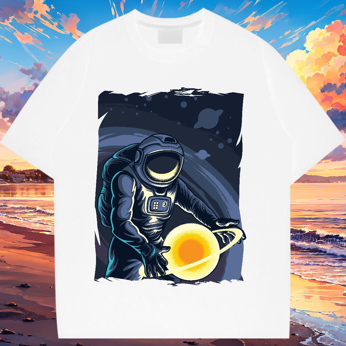 Female Woman Tshirt 230g Pure Cotton spaceman Hip Hop Street T-Shirts for Women Round Neck Short Sleeve Skull Tops Tees
