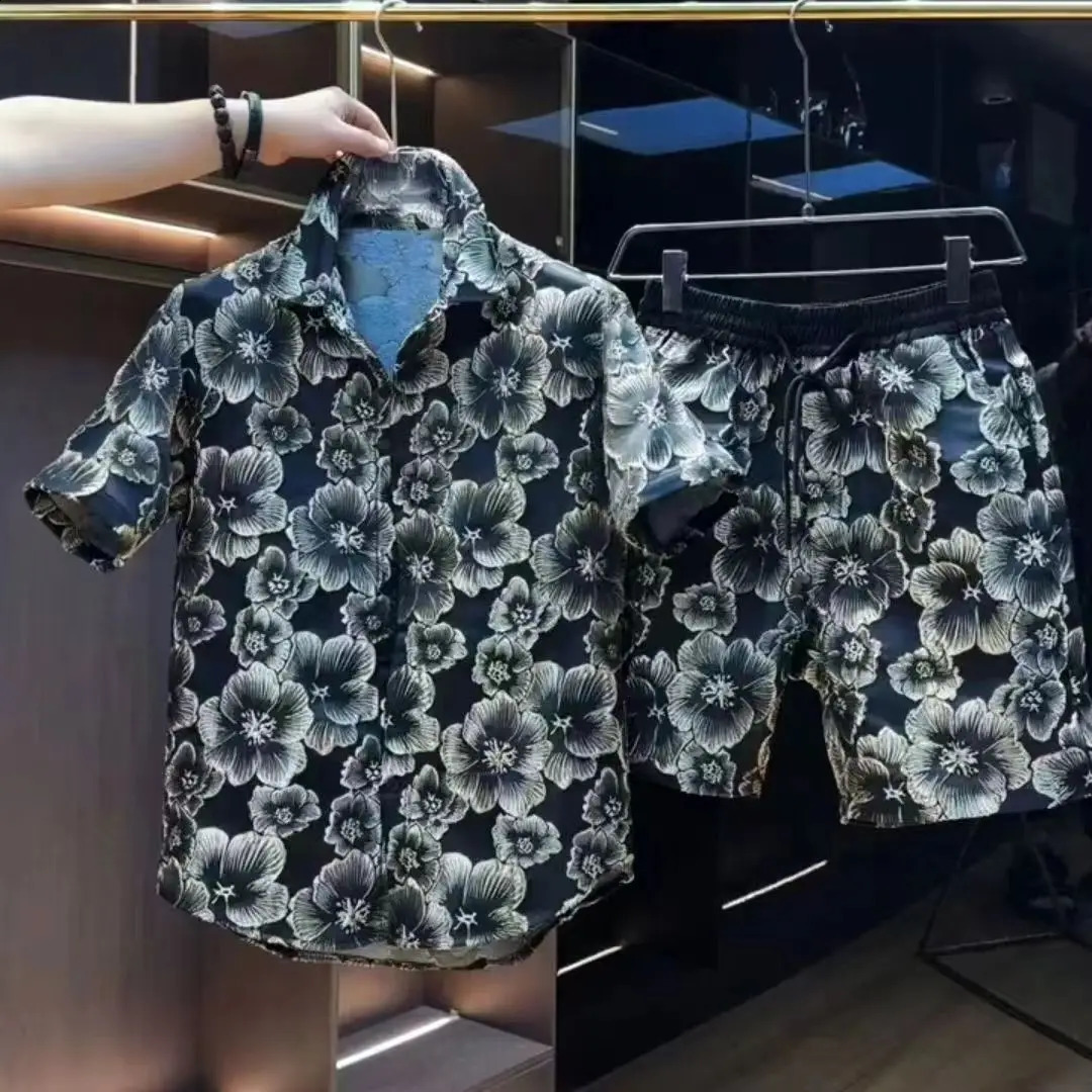 Ethnic Style Scalding Gold Flower Shirts And Shorts Two Piece Set Mens Fashion Short Sleeved Suits Summer Casual Loose Outfits 240822