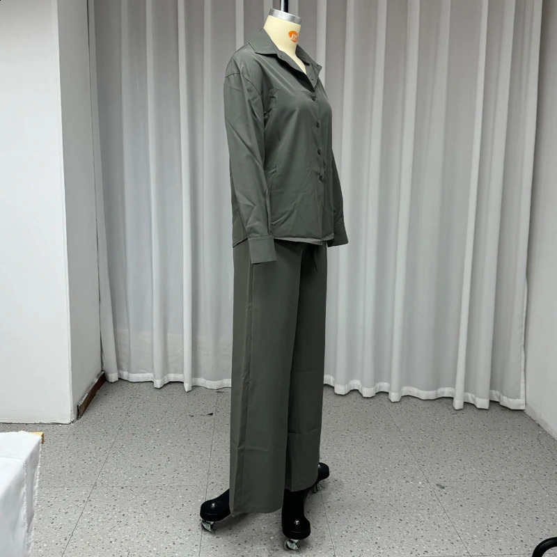 Wefads Two Piece Set 2024 Women Summer Casual Lapel Solid Long Sleeve Single Breasted Button Top Wide Leg Pants Sets Streetwear 240813