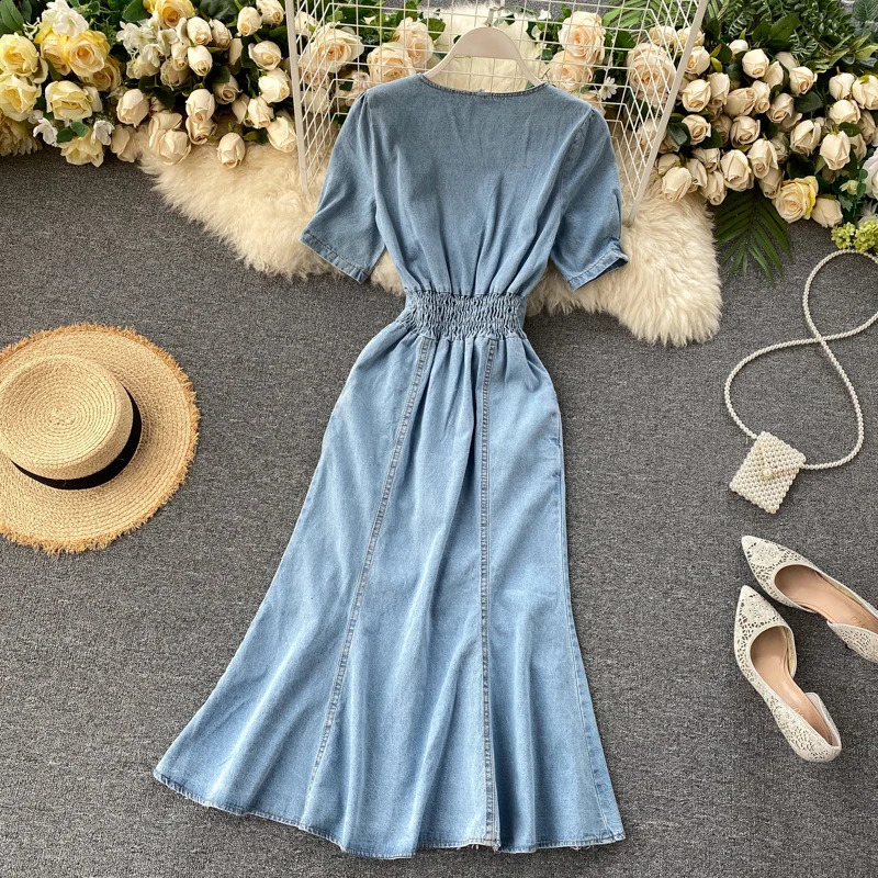 Vintage V-Neck Women Denim Dress Summer Short Sleeve Mermaid Dresses Female Slim Long Jean Slit Vestidos 240822