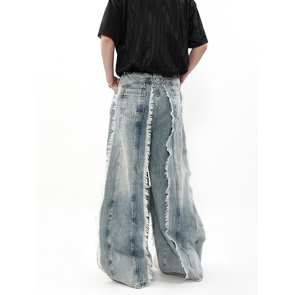 American Style Wasteland Style Su Patchwork Design Jeans for Men in Spring and Autumn Loose Wide Leg Long Pants