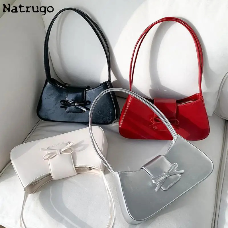 Sweet Cute Korean Bow Shoulder Underarm Tote Bag Silver Black Red White Ladies Sling Bags Leather Zip Purses Handbags Women 240822