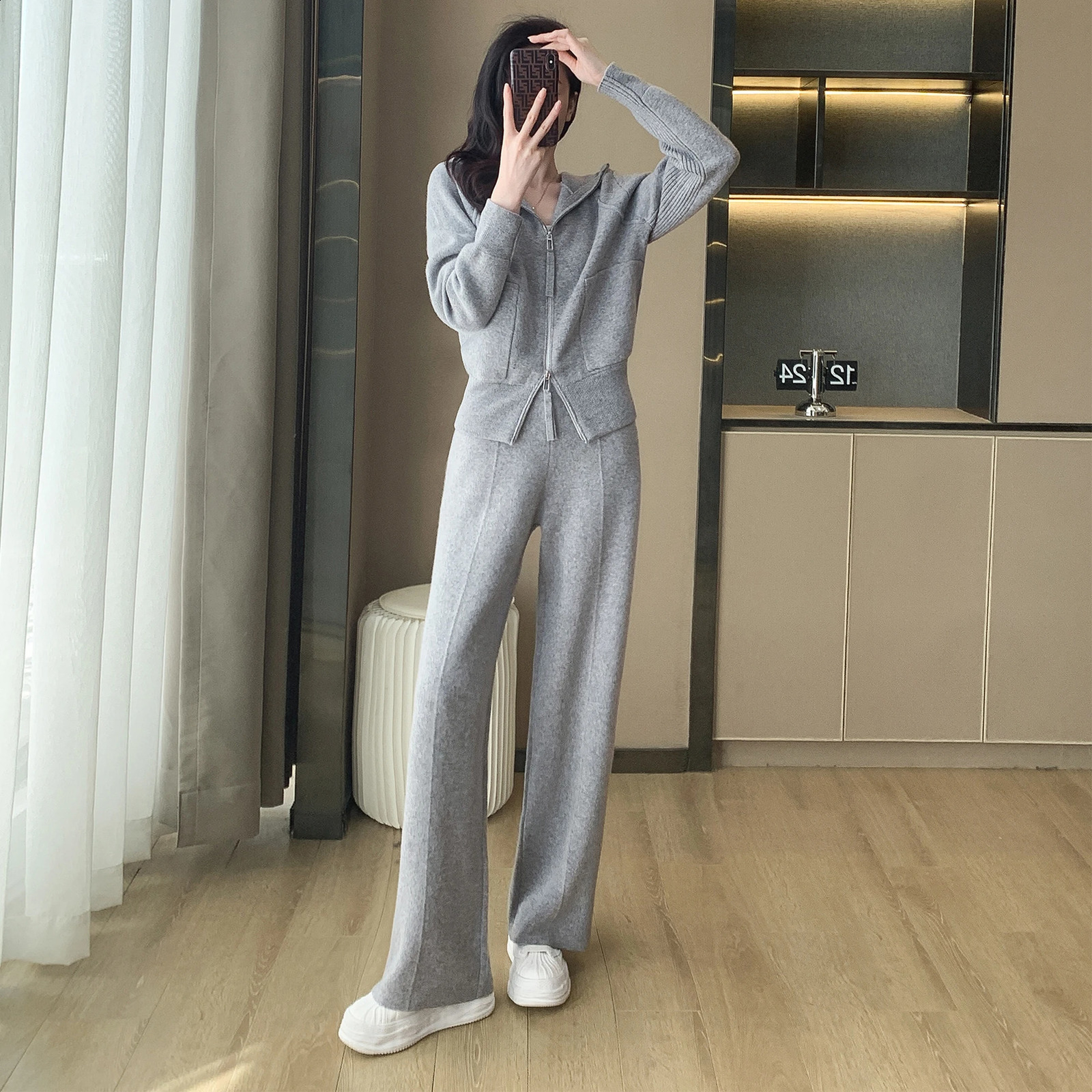 ZJYT autumn and winter knitted hooded sweatshirt pants set 2piece womens zipper sweater mens 240823