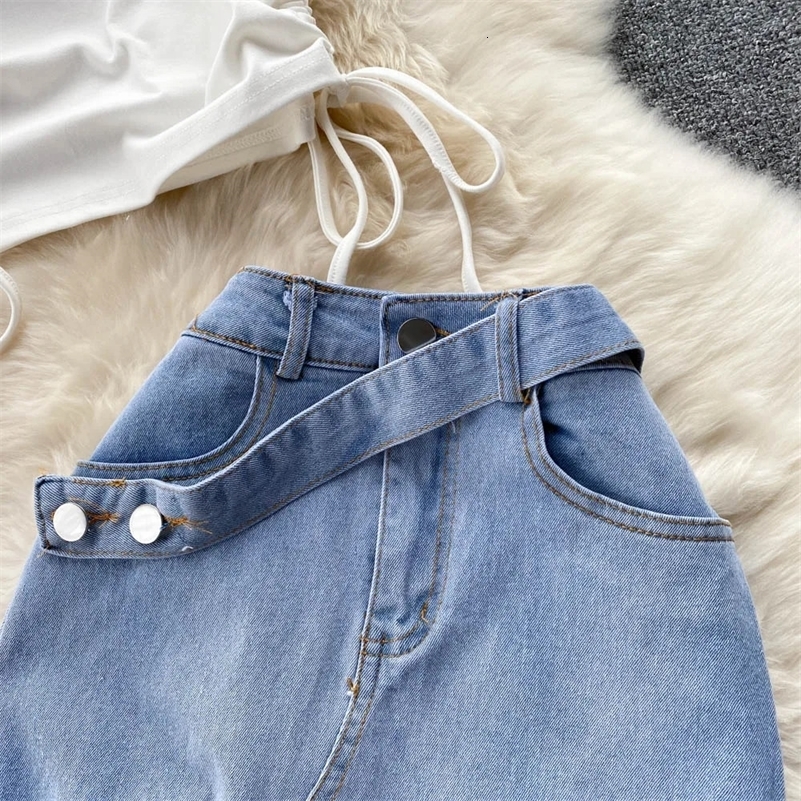 Summer Women Two 2 Piece Set Sexy One Shoulder Crop TopHigh Waist Button-up Denim Skirts Korean Office Lady Sleeveless Suits 240822