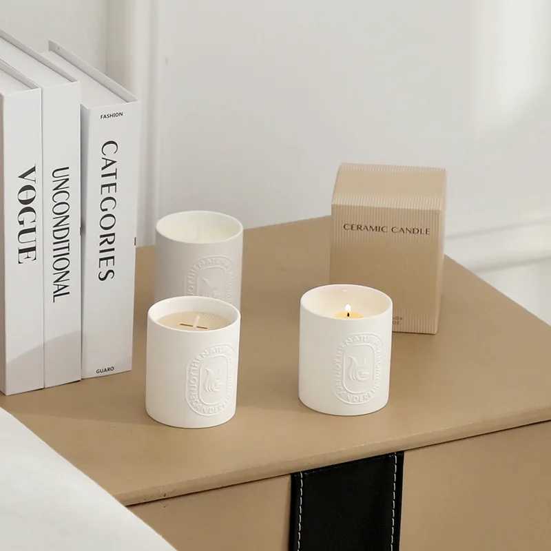 Ins style white ceramic cup jar aromatherapy candle ceramic cup soy wax plant essential oil candle home decorationX240823