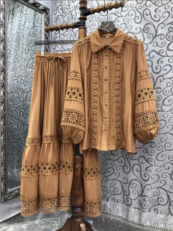 Getspring Women Shirt Skirts Sets Lantern Sleeve Hook Flower Hollow Shirt Tops High Waist Vintage Long Skirts Two-piece Suit 240823