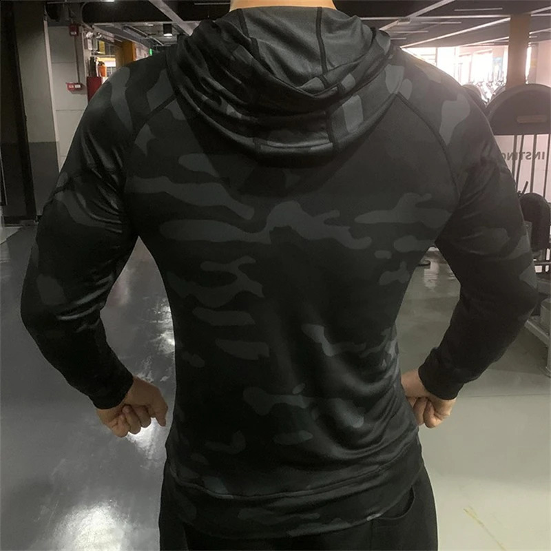 Mens outdoor sports jacket hooded sweatshirt quick drying suitable for long sleeved tops with hood mens running sweater casual 240822