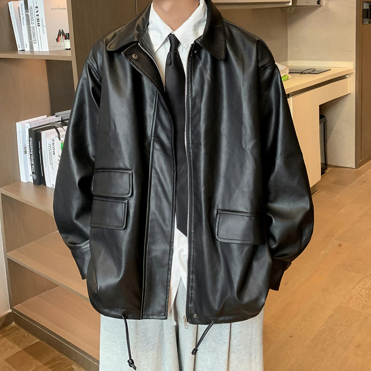 Autumn Men PU Motorcycle Jackets Zipper Windproof Handsome Vintage Turn Down Collar Coats Harajuku Loose Outerwear Homme M-5XL 240822