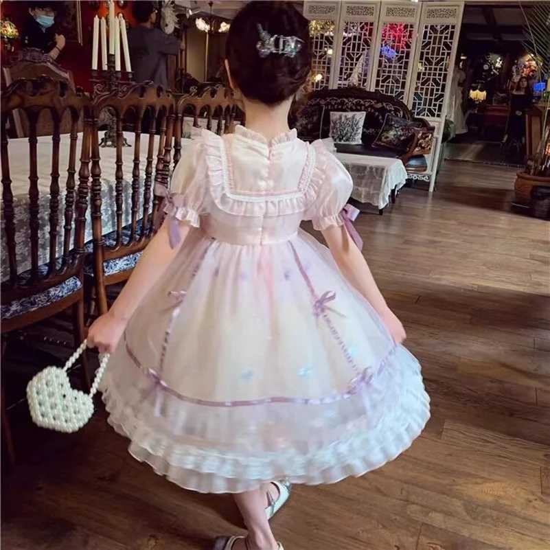 Childrens Lolita Cake Dress Summer Elegant Bow Bubble Sleeves Girls Casual Party Dress Formal Occasion Childrens Clothing W240823