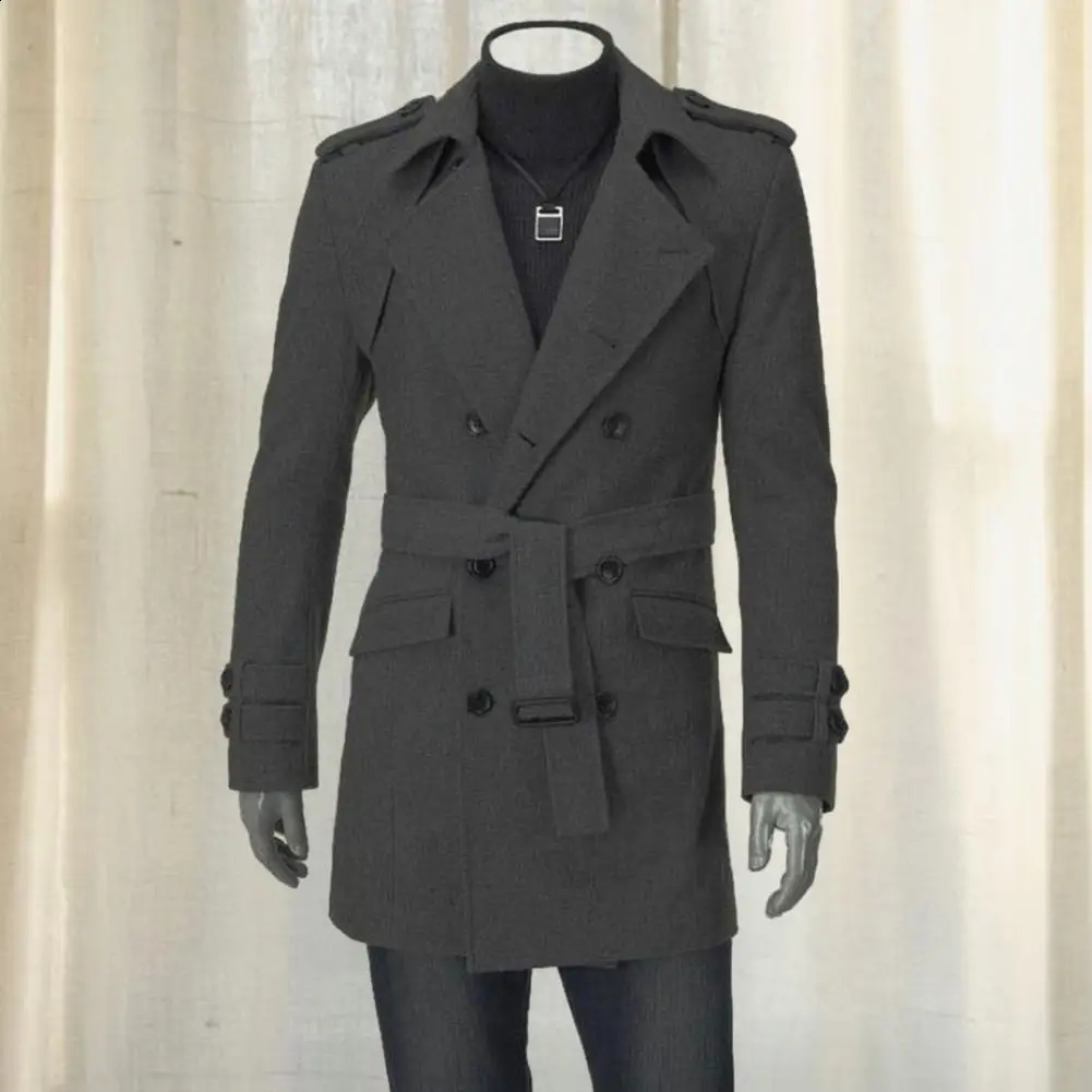 Men Fall Winter Trench Coat Long Sleeve Solid Color Lapel Double-breasted Belted Notch Collar Mid Length Men Jacket Windbreaker 240822