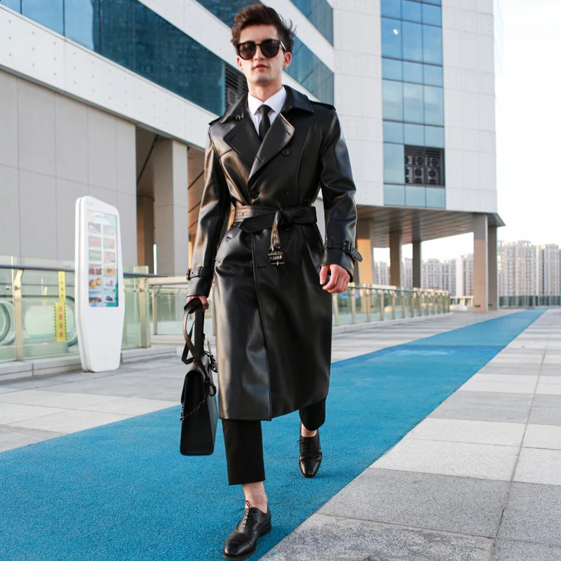 mens leather trench coat long knee length double breasted classic british fashion jacket thickened down vest leather windbre 240822