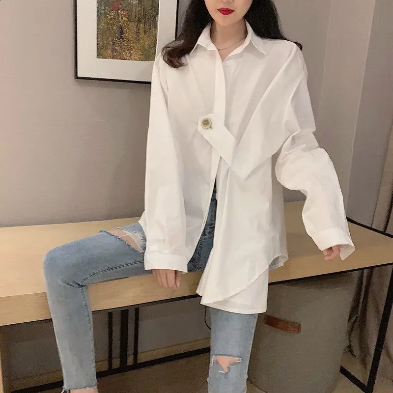 Irregular white loose trend shirt spring long sleeved polo neck solid fashion top street casual womens clothing w240824