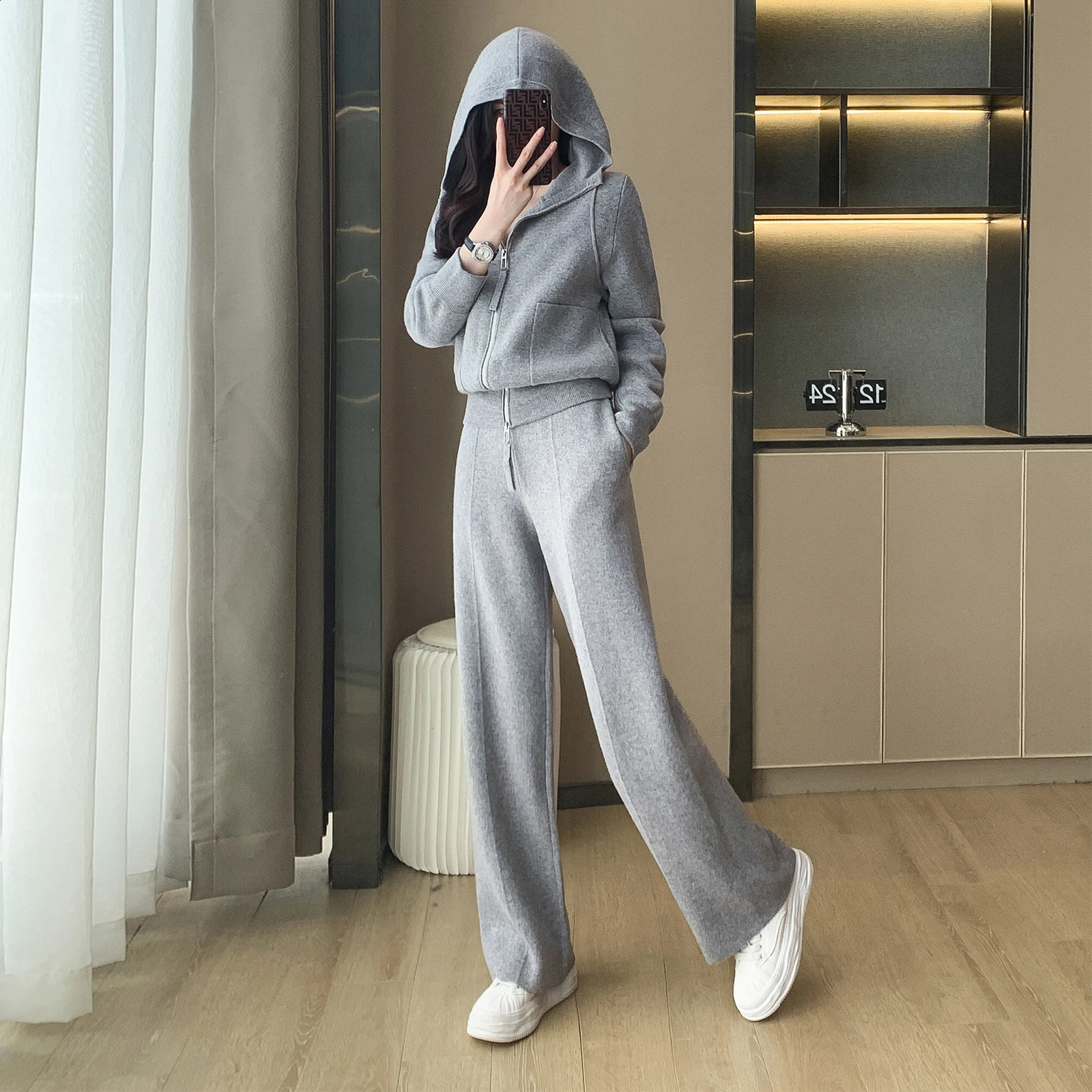 ZJYT autumn and winter knitted hooded sweatshirt pants set 2piece womens zipper sweater mens 240823