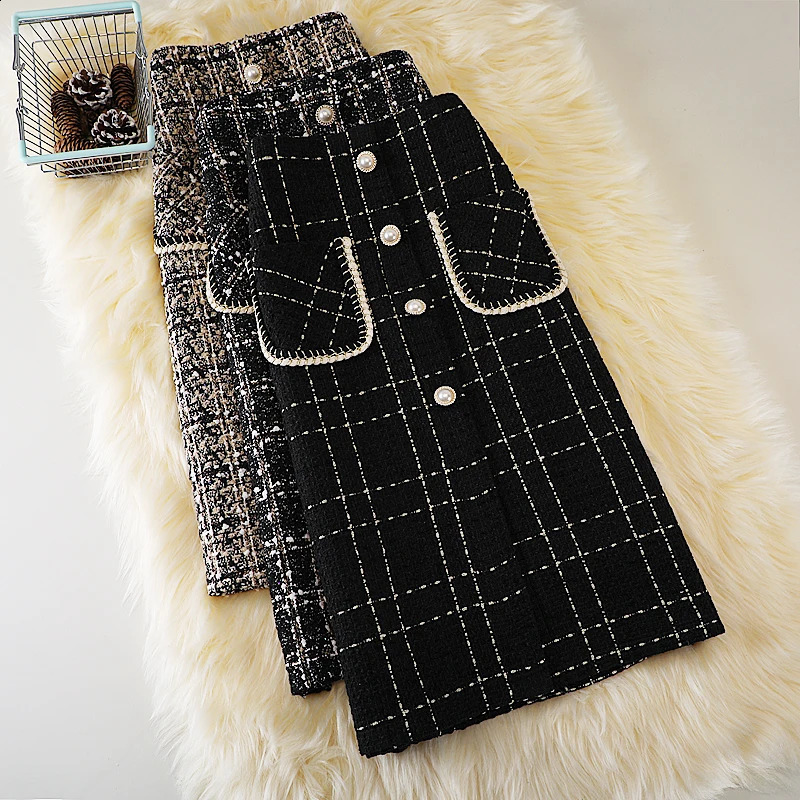 high waisted thick tweed womens celebrity long dress elegant Aline buckle fashionable split flared skirt Spring 240823