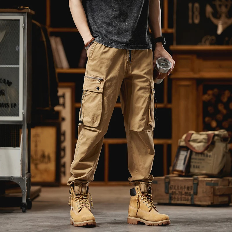 Spring and Autumn Mens Heavy Duty Work Pants American Fashion Loose Fit Casual Multi Pocket 240823