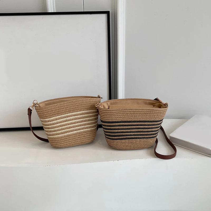 Ladies Summer Straw Crossbody Bag Women Beach Holiday Shopping Woven Striped Shoulder Handbag Messenger Purses For Bags 240822
