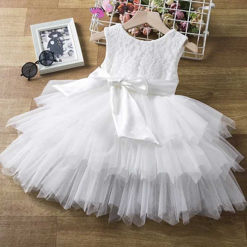 Flower Girl White Princess Wedding Dress No Back Lace Baby Birthday Baptist Party Tutu Preschool Girl Summer Dress W240823