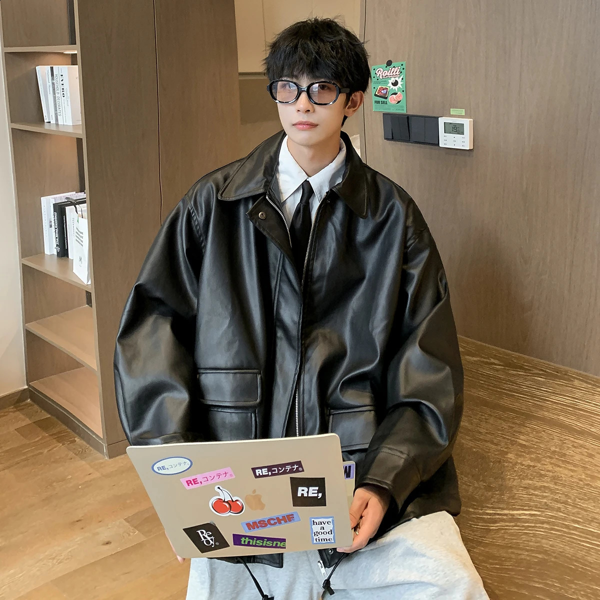 Autumn Men PU Motorcycle Jackets Zipper Windproof Handsome Vintage Turn Down Collar Coats Harajuku Loose Outerwear Homme M-5XL 240822