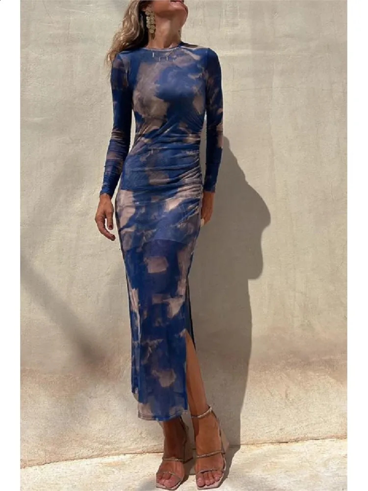 Sexy Mesh Dress For Women Spring Fashion Autumn Long Sleeve Print Dresses Simple Lace Slim Stretch Party Nightclub Dress 240823