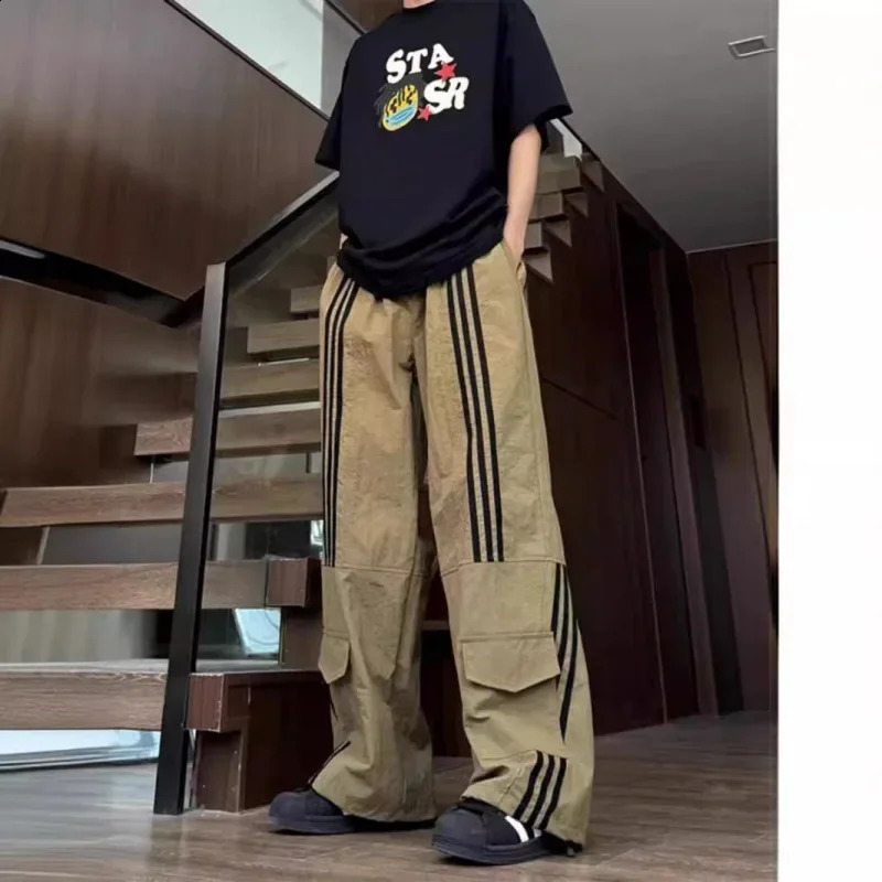 American style retro mens commodity pants summer brown green striped sports three pocket quick drying uniform 240823