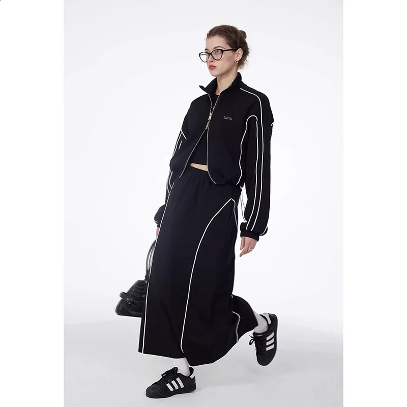 2 piece Set Womens Reflective Strip Black Zipper Track JacketSport Skirt Y2k Tracksuit Female CropTop Short Coat Jackets Sets 240823
