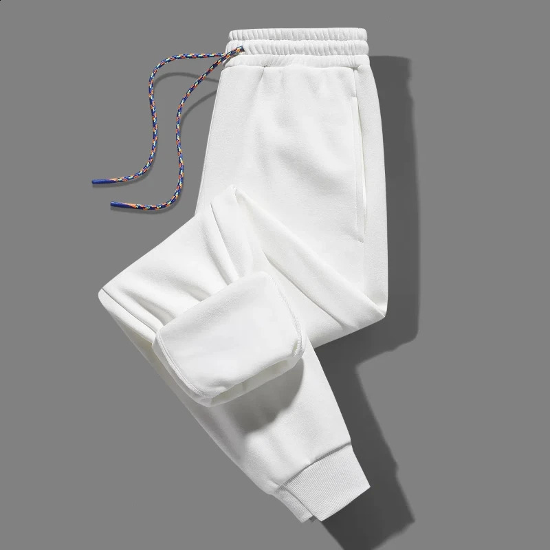 Korean Autumn Winter Mens Solid Elastic Waist Drawstring Pockets Fashion Casual Plus Velvet Loose Foot Binding Sweatpants 240822