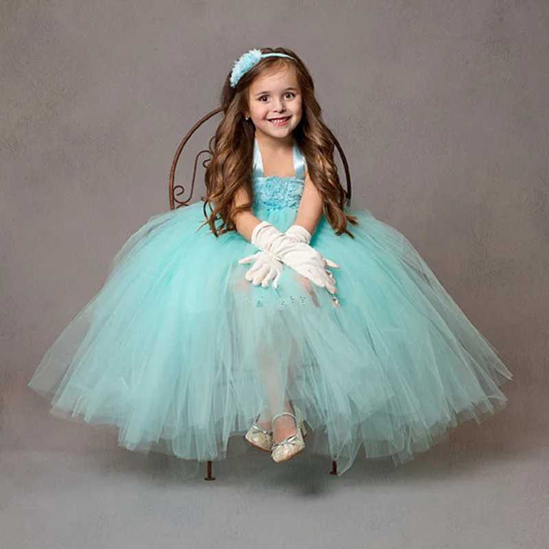 Baby girl Aqua Flower Tutu dress childrens crocheted chiffon dress ball dress headband childrens birthday party dress evening dress W240823