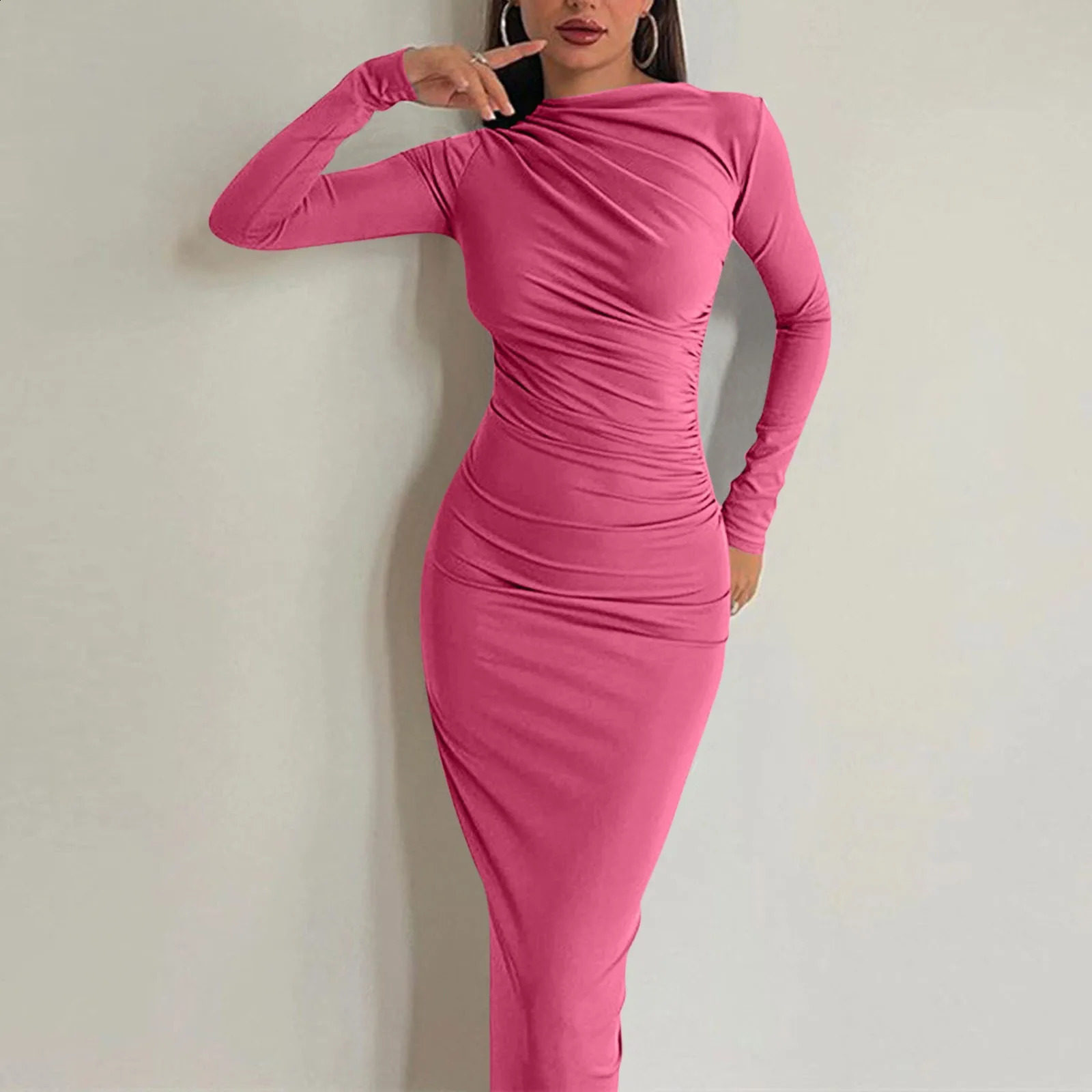 Women Bodycon Maxi Dresses Fall Long Sleeve Sexy Ruched Neck Slim Fit Cocktail Party Dress Elegant Gentle Temperament Dress 240823