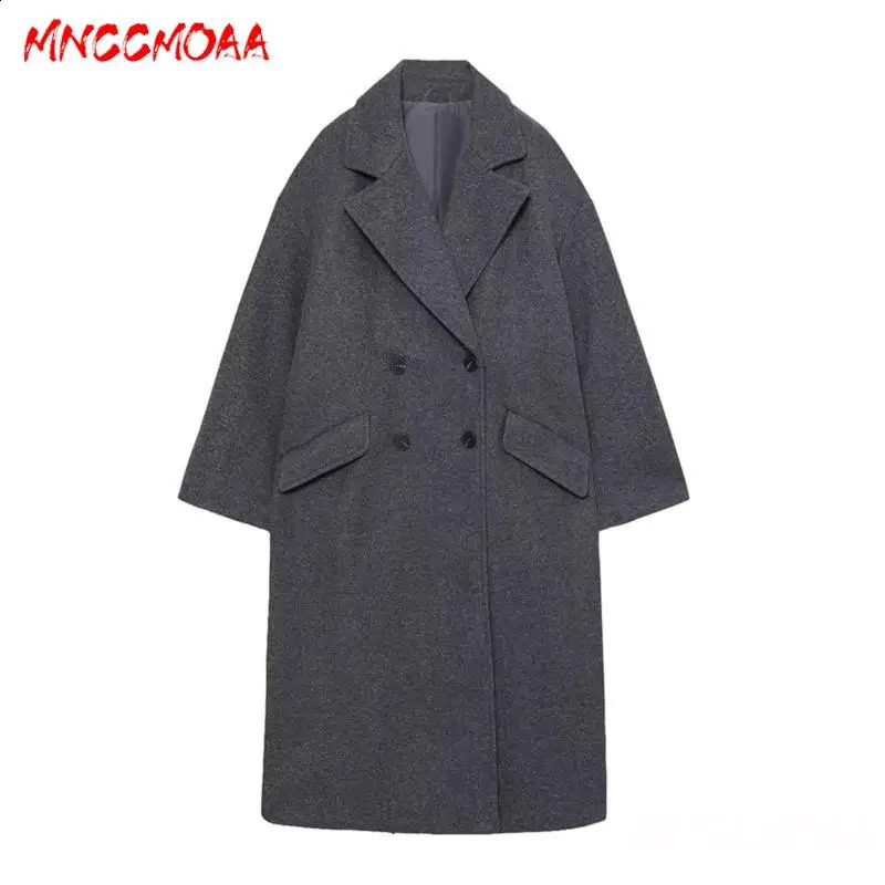 MNCCMOAA Autumn Winter Woman Fashion Loose Double Breasted Woolen Coat Female Solid Color Casual Long Sleeve Top Outerwear 240822