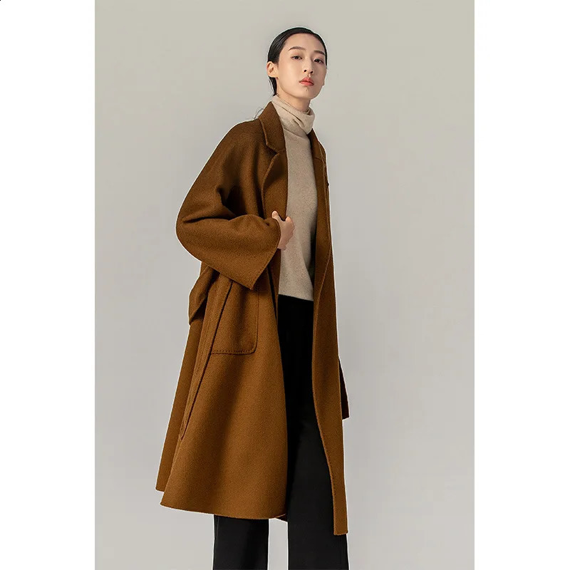 MAX Women Jacket Autumn Winter Labbro Bathrobe Water Ripple Double Faced Wool Coat Lace Up Woolen Long Coat Women 240822