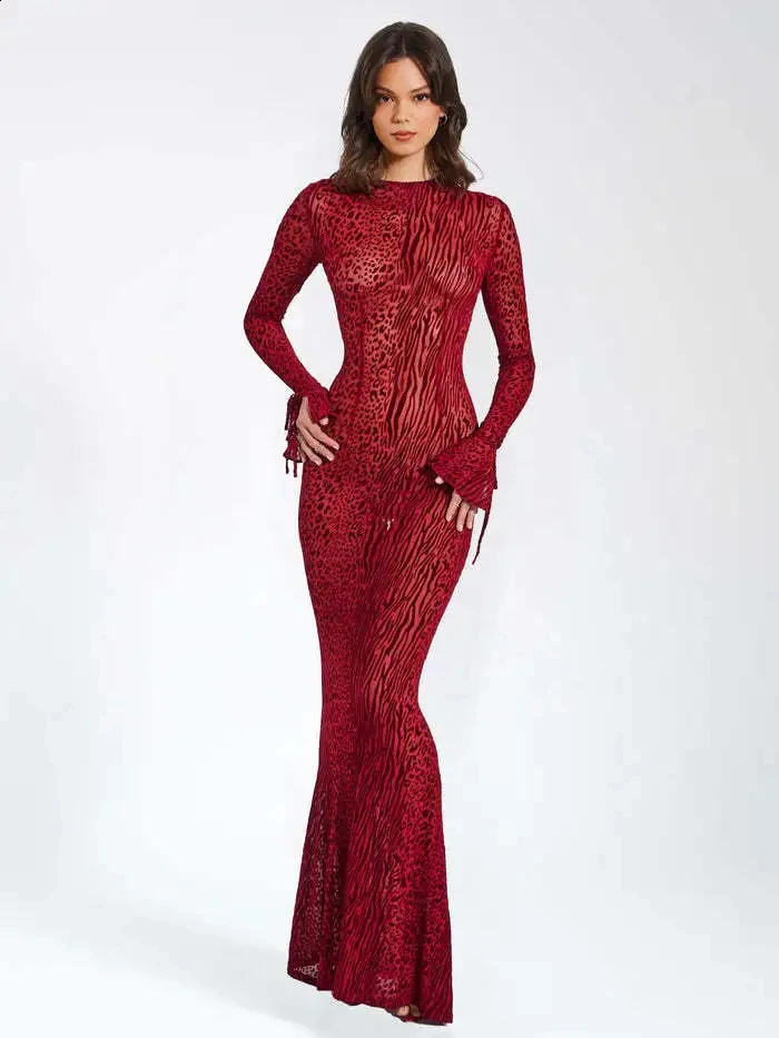 Leopard Bodycon Sheath Sexy Club Women Dresses O Neck Outfits Backless Hollow Out Open Back Mesh Dress Evening Dress Vestidos 240822