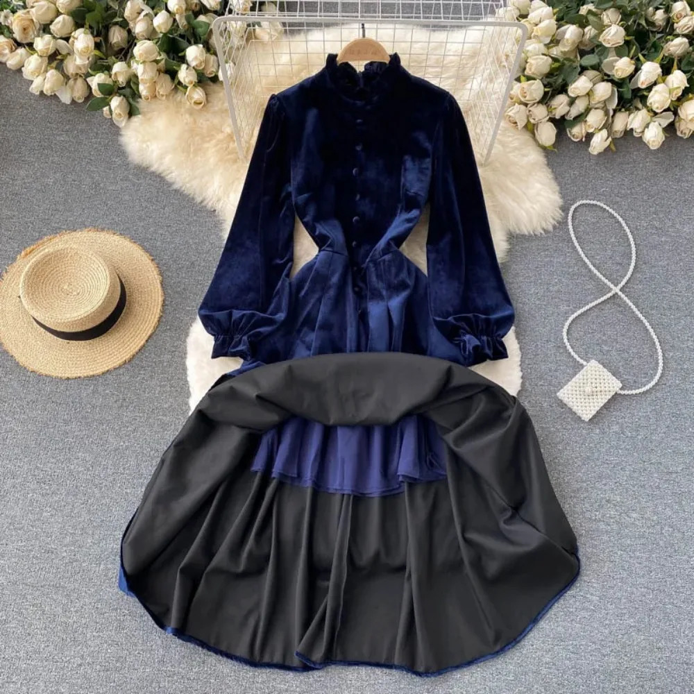 Sexy Bodycon Half High Collar Long Sleeve Velvet Dress Chic Elegant Vestidos Vintage Autumn Women Korean Fashion A-line Dress 240823