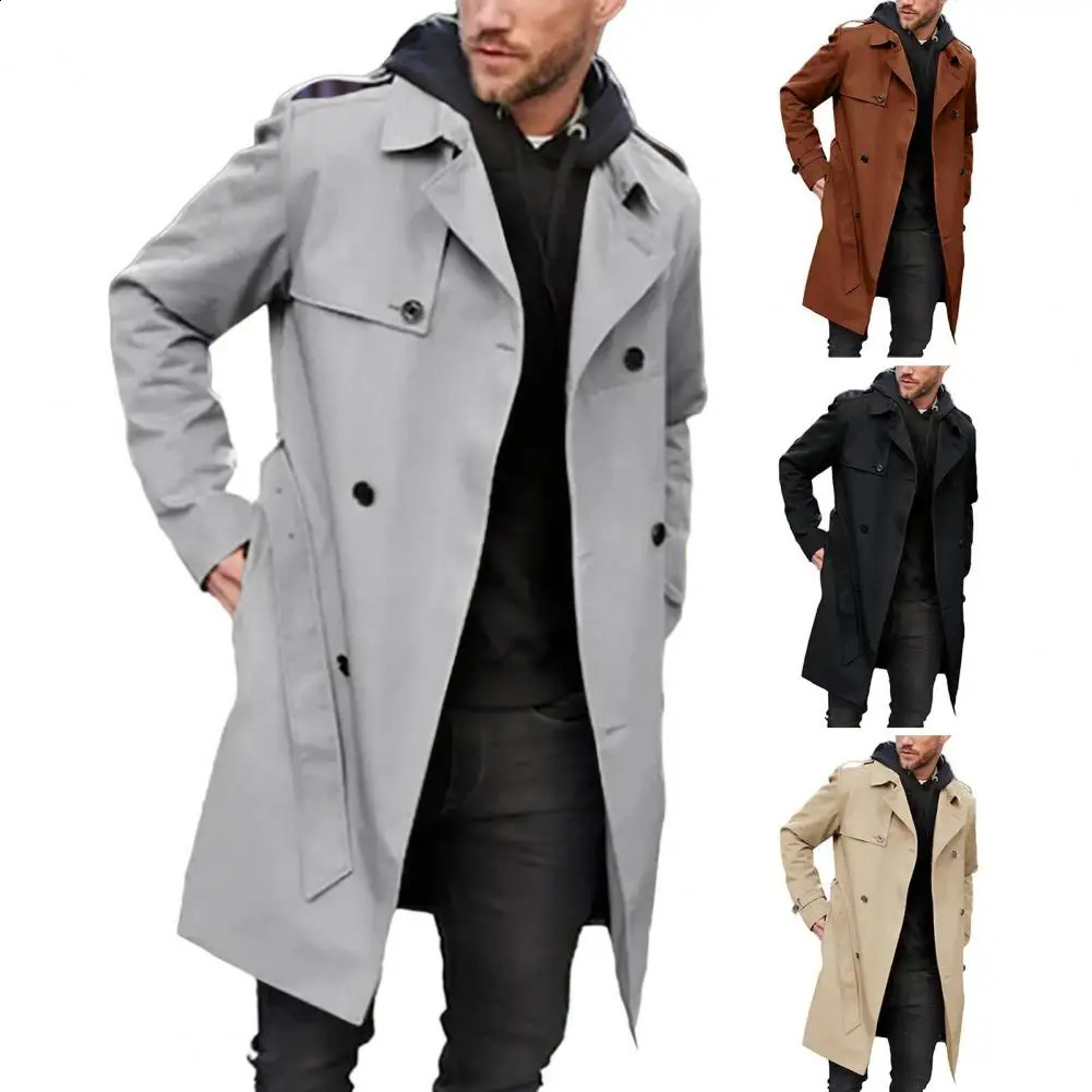 Men Belt Coat Business Mid-length Double-breasted Jacket Stylish Mens Double-breasted Long Coat Slim Fit for Autumn/winter 240822