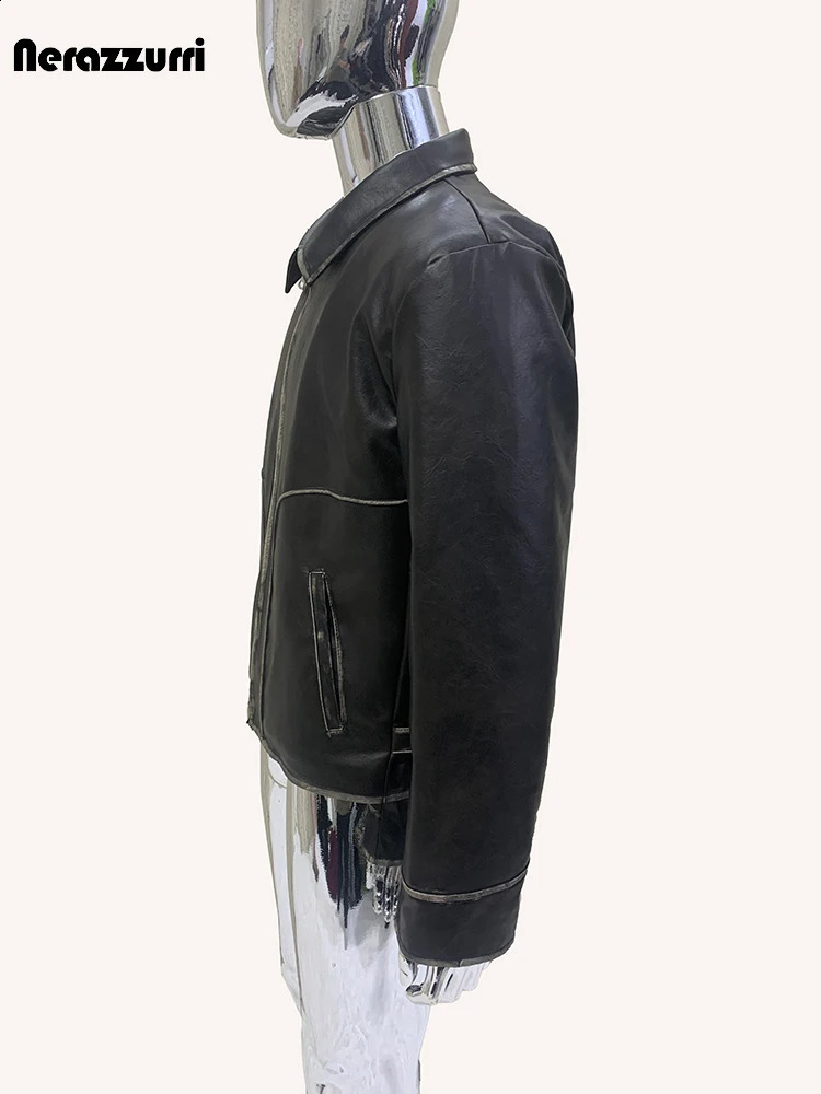 Nerazzurri Spring Autumn Washed Distressed Black Pu Leather Jacket Men Quilted Lining Turn-down Collar American Retro Clothes 240822