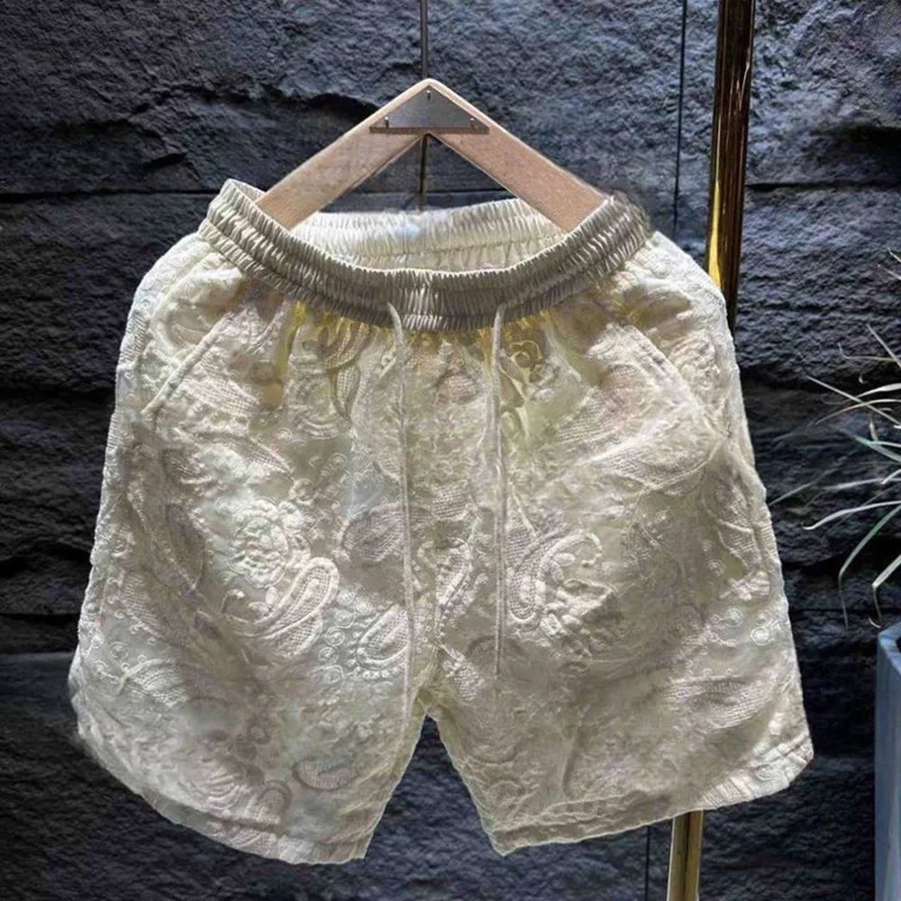 Mens Mesh Embroidery Transparent Shirt Shorts Two-Piece Suit Casual Breathable Light MenS Clothing Pants Are Not Transparent 240822