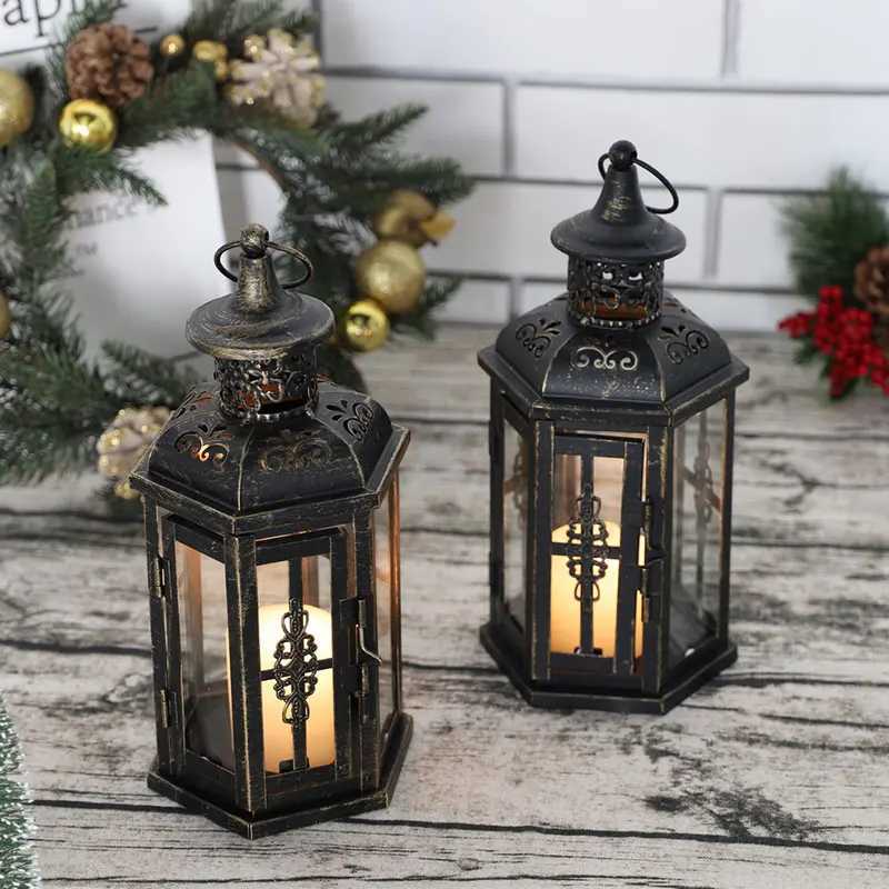 Vintage Nordic Candle Holder Lanterns Candles Aesthetic Hanging Iron Lantern Black Home Decor Wedding Y240823