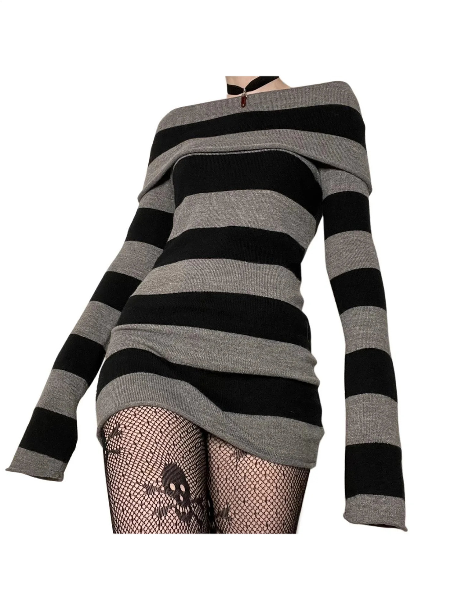 Women Y2K Knit Mini Dress Striped Long Sleeve Off Shoulder Bodycon Short Sweater Dress Trendy Night Club Streetwear 240823