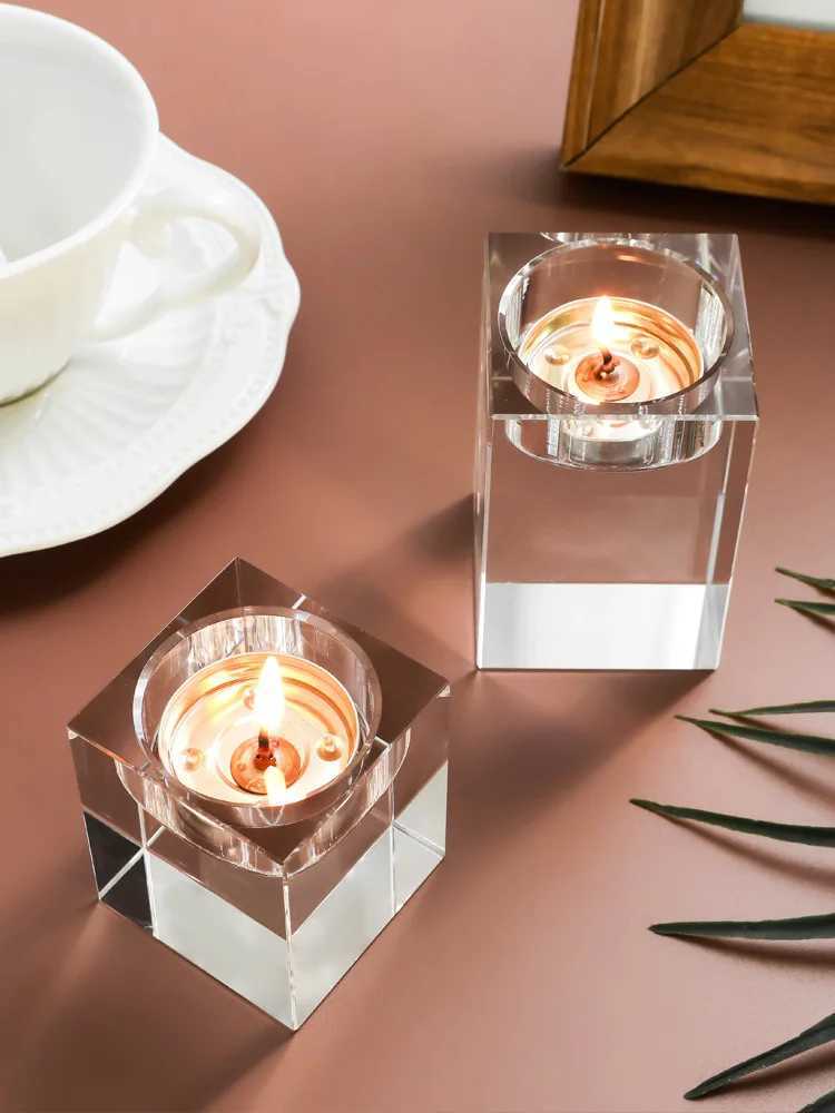 4-20CM Fashion Candle Holders Solid Crystal Clear Square Glass Tealight Candlestick for Wedding Home Decor Hotel Supplies Y240823