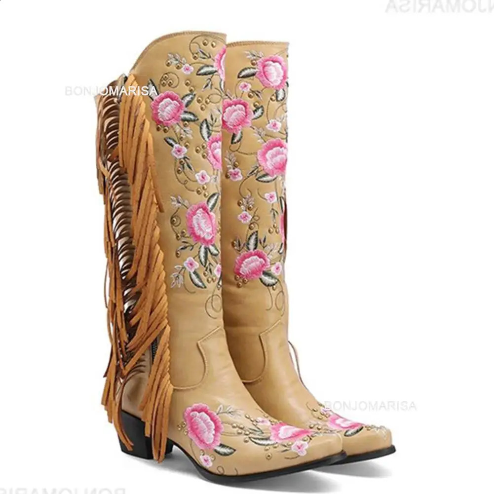 BONJOMARISA womens denim boots with embroidered floral edges sweet Western denim boots Roman block high heels autumn 240823
