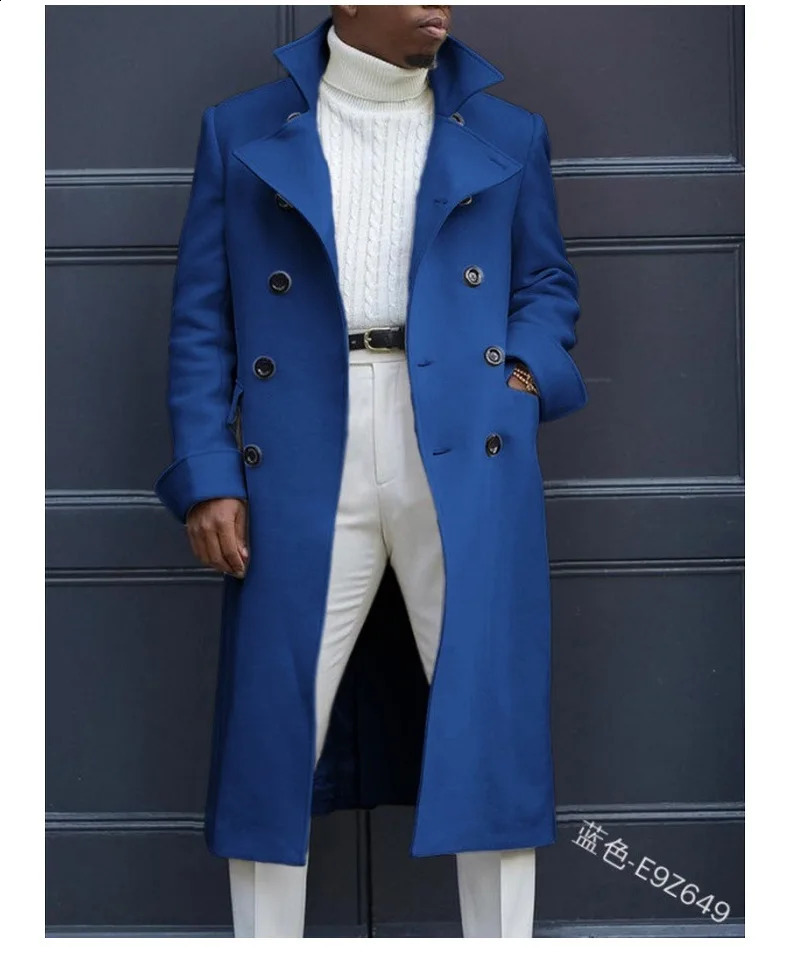 Male Solid White Blue Gray England Style Woolen Overcoat Double-Breasted Long Trench Coat Casual Winter Men Fashion Warm Jackets 240822